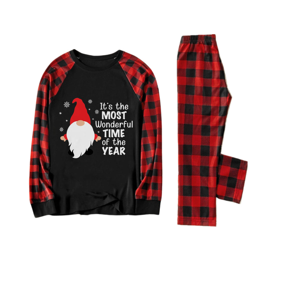 Drune | Rote und schwarze karierte Weihnachts-Pyjama-Set mit Gnom und Weihnachtsmann-Zitaten