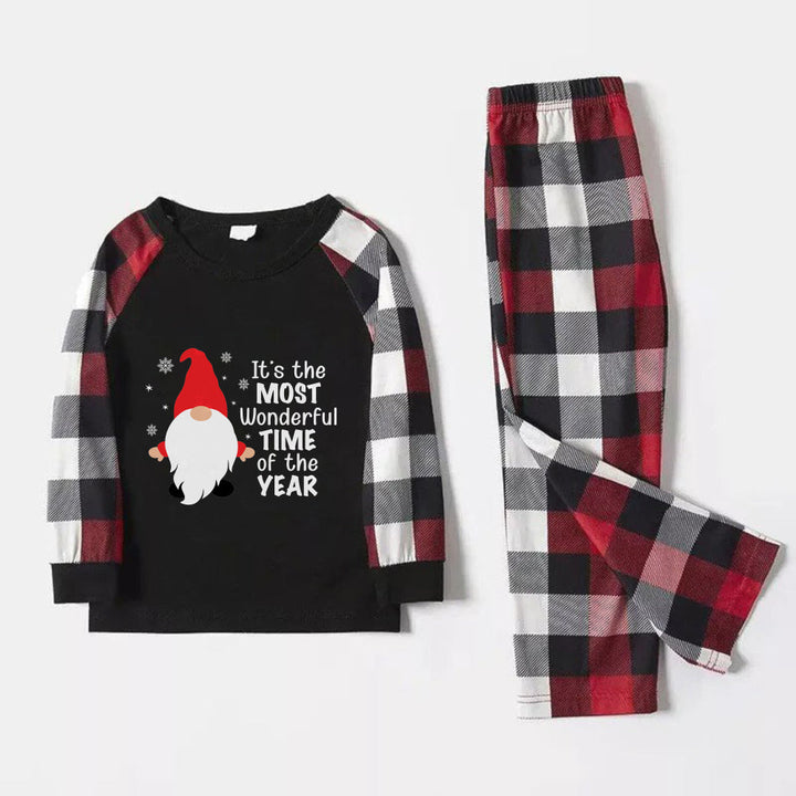 Drune | Weihnachtsfamilien-Matching-Pyjamas - Roter und grauer Karostoff-Pyjama-Satz mit "Es ist die schönste Zeit des Jahres" und Zwergenprint