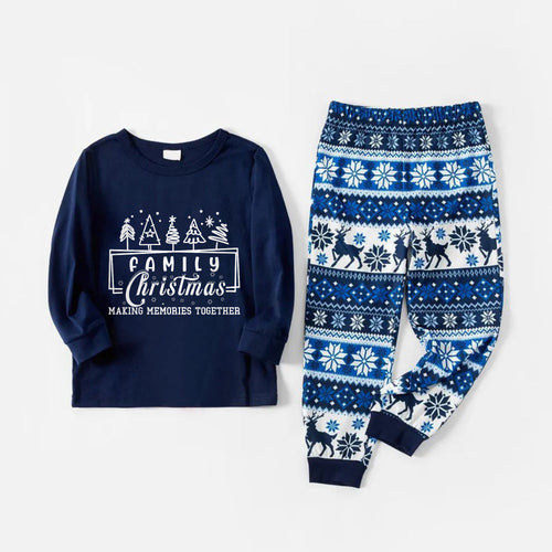 Drune | Fröhliche blaue Weihnachts-Pyjama-Set mit Baum- und Feiertagstext-Design