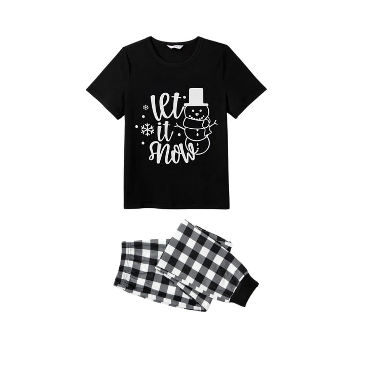 Drune | Schwarz und Weiß Karierte Kurzarm Weihnachten Schlafanzug Set mit Schneemann und Slogan Designs