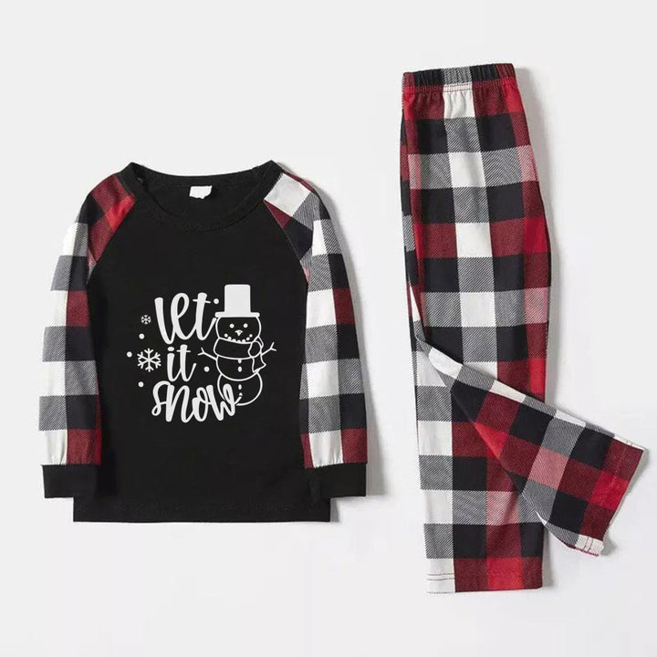 Drune | Weihnachtsfamilie passende Schlafanzüge - Rote und graue Karos Pjs Set mit "Let It Snow" schwarz-weißer Textdruck