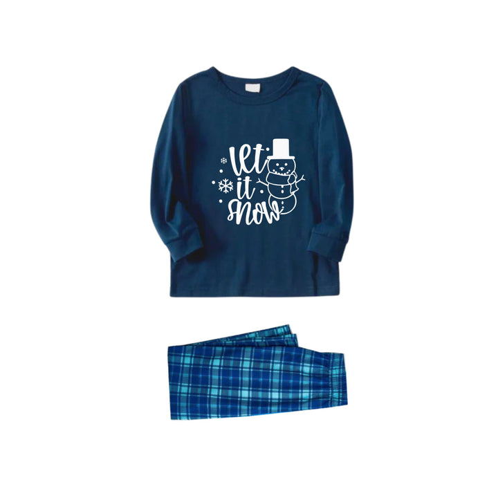 Drune | Weihnachtsfamilien-Pyjama-Set in Navy & Himmelblau Karomuster mit "Lass es schneien" und Schneemann-Cartoon-Druck
