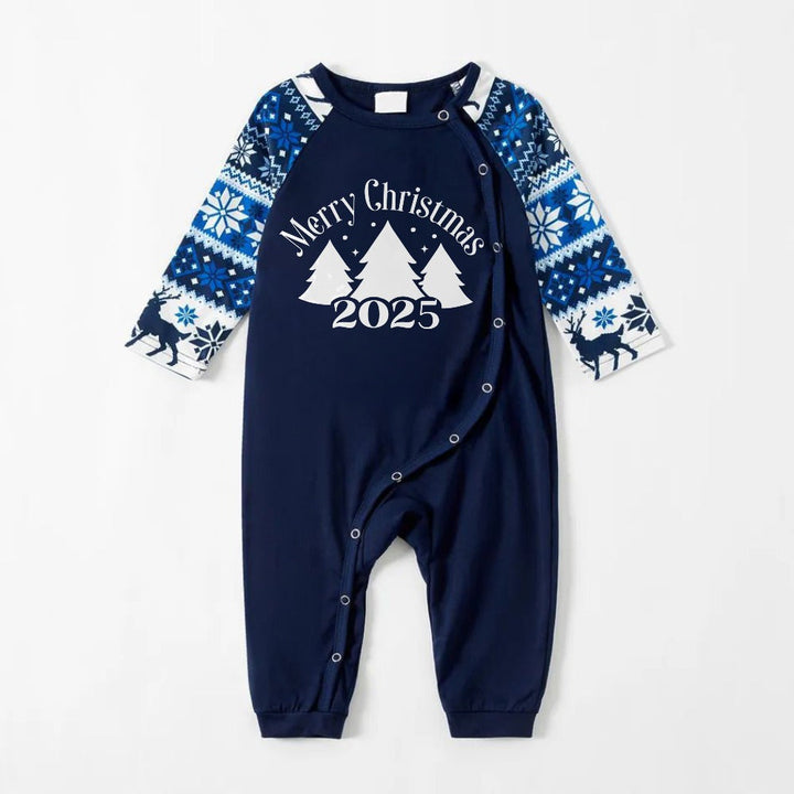 Drune | Fröhliche blaue Weihnachts-Pyjama-Sets mit Weihnachtsbaum- und Slogan-Designs