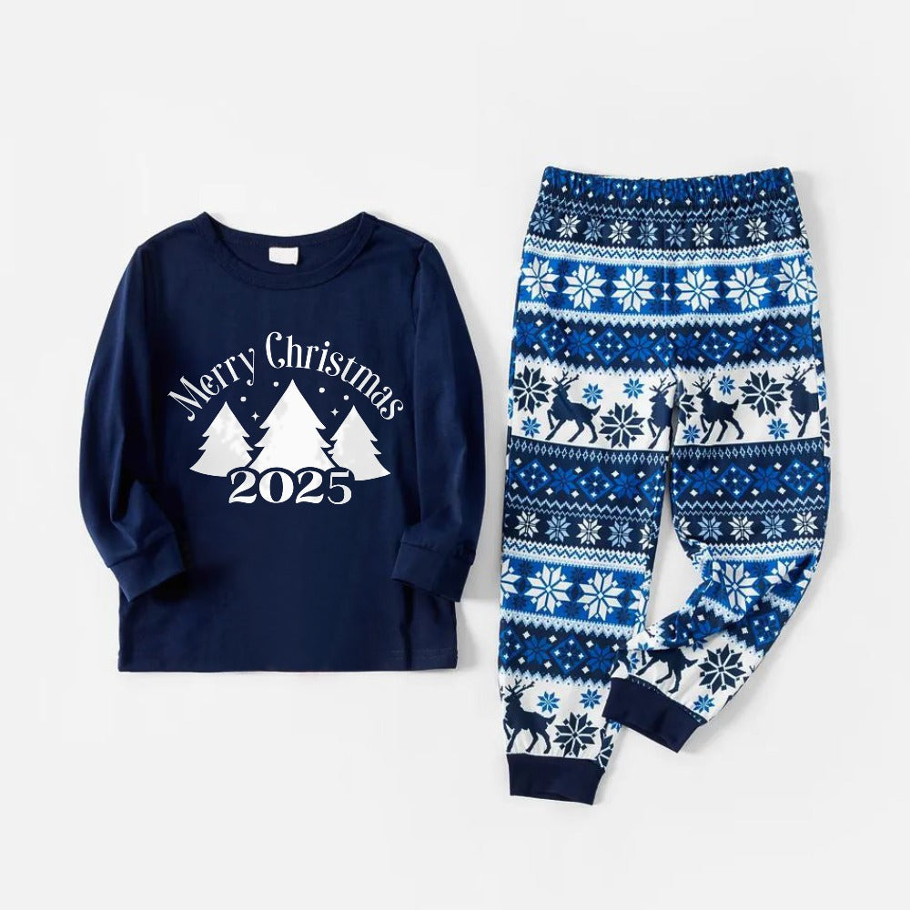 Drune | Fröhliche blaue Weihnachts-Pyjama-Sets mit Weihnachtsbaum- und Slogan-Designs