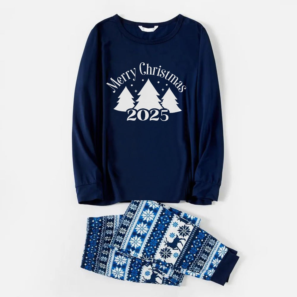 Drune | Fröhliche blaue Weihnachts-Pyjama-Sets mit Weihnachtsbaum- und Slogan-Designs
