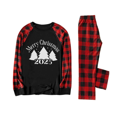 Drune | Rote und schwarze karierte Weihnachts-Pyjama-Set mit Weihnachtsbaum- und Slogan-Designs