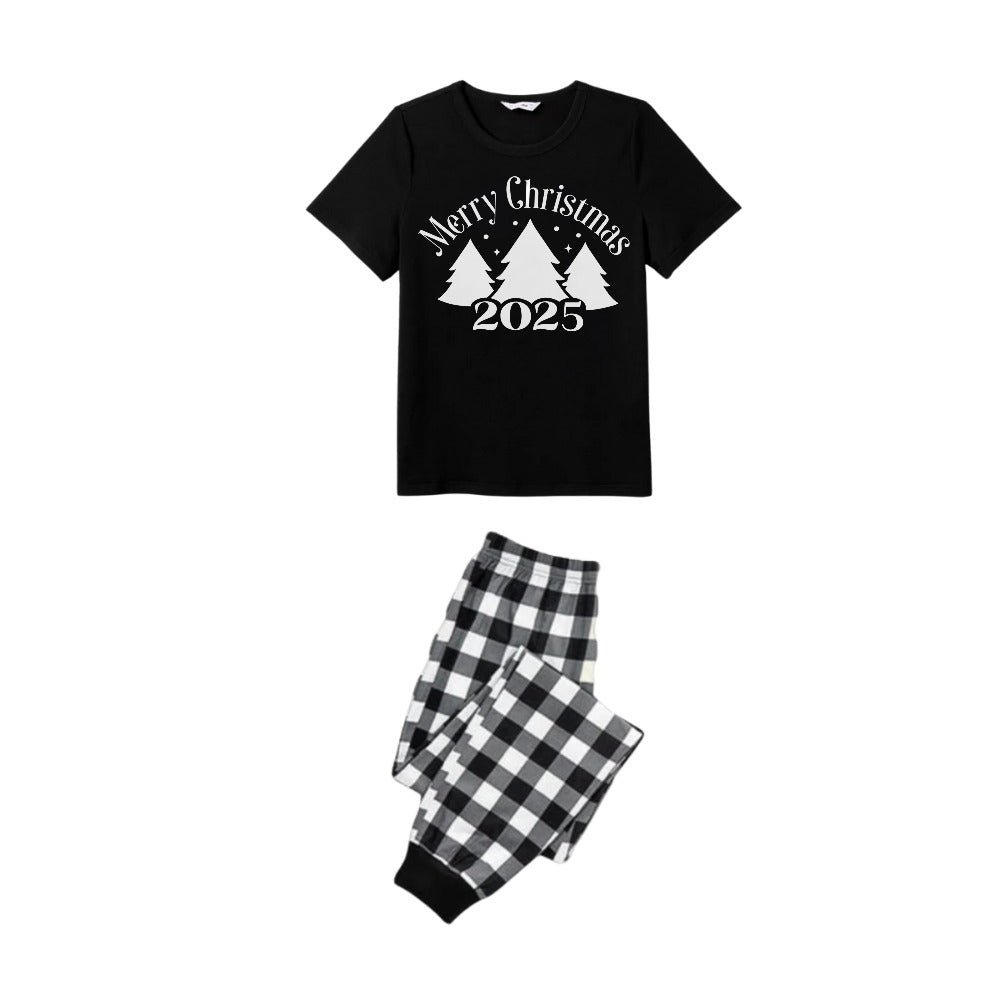 Drune | Schwarz-weiß karierter Kurzarm-Weihnachtsschlafanzug mit Weihnachtsbaum- und Slogan-Designs
