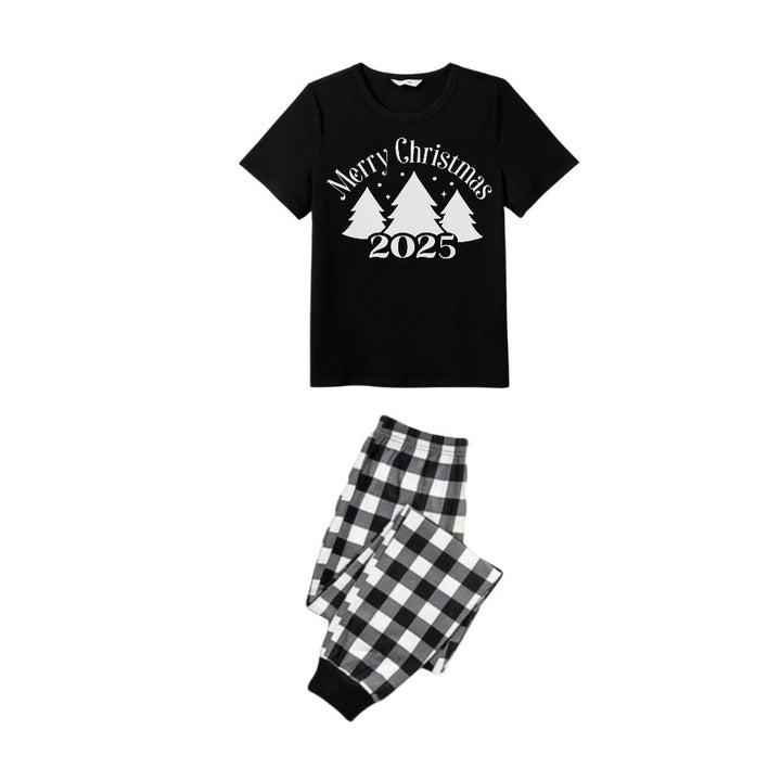 Drune | Schwarz-weiß karierter Kurzarm-Weihnachtsschlafanzug mit Weihnachtsbaum- und Slogan-Designs