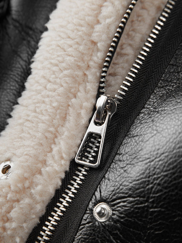 Drune | Leder Fliegerjacke - Schurwolle-Futter Wärme - Schwarz & Weiß Kontrast - Winterstil