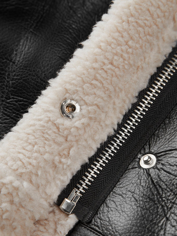 Drune | Leder Fliegerjacke - Schurwolle-Futter Wärme - Schwarz & Weiß Kontrast - Winterstil