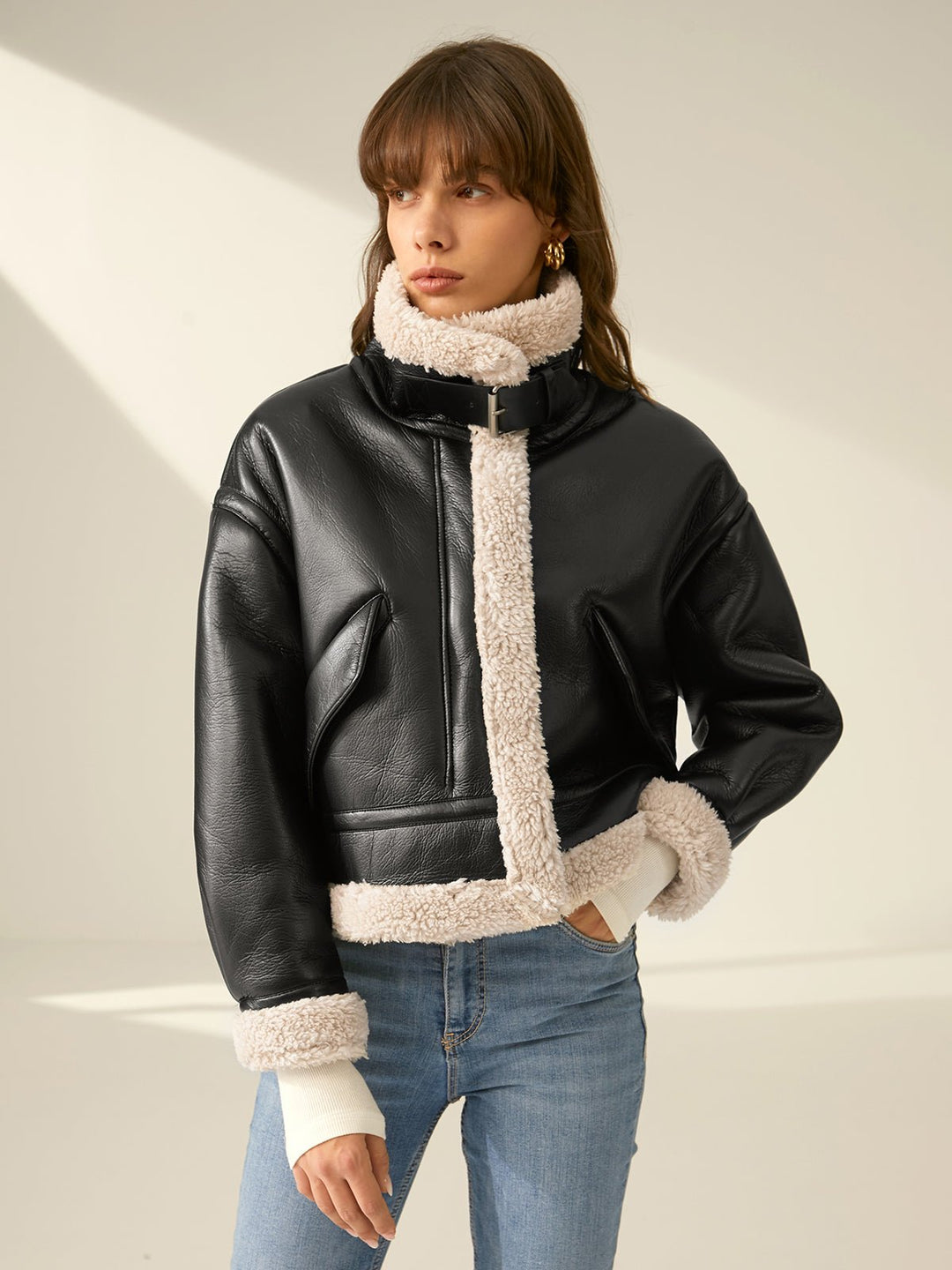 Drune | Leder Fliegerjacke - Schurwolle-Futter Wärme - Schwarz & Weiß Kontrast - Winterstil