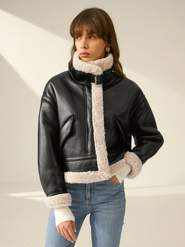 Drune | Leder Fliegerjacke - Schurwolle-Futter Wärme - Schwarz & Weiß Kontrast - Winterstil