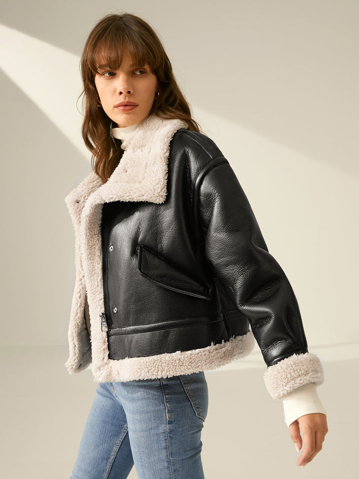 Drune | Leder Fliegerjacke - Schurwolle-Futter Wärme - Schwarz & Weiß Kontrast - Winterstil