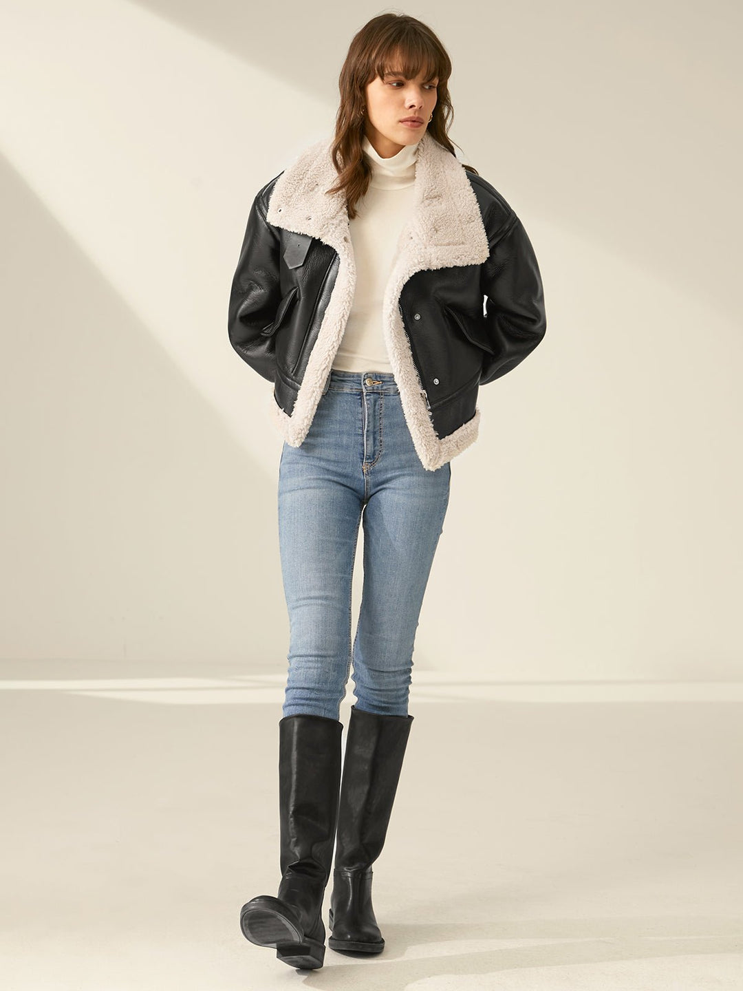 Drune | Leder Fliegerjacke - Schurwolle-Futter Wärme - Schwarz & Weiß Kontrast - Winterstil