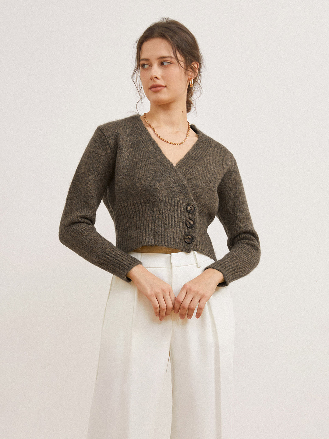 Drune | Cardigan mit Seitlicher Öffnung und Tiefem V-ausschnitt Wollmischung Einfach und Warm