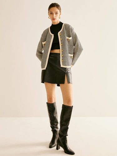 Drune | Tweed Cardigan Kontrastdetails und Goldknöpfe Klassisch und Sophisticated