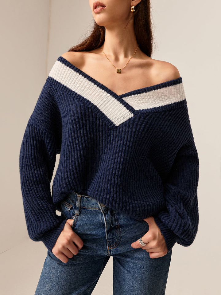 Drune | Off-shoulder Strickbluse Komfortabel und Stilvoll V-ausschnitt Detail