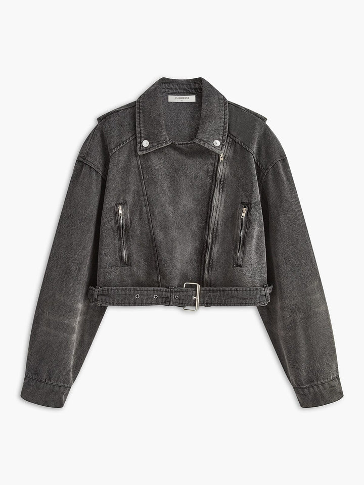 Drune | Schwarze Cropped Bikerjacke Aus Denim für Den Ultimativen Rock Chic Look