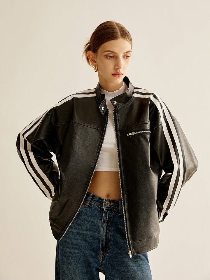 Drune | Schwarze Lederjacke mit Kontraststreifen