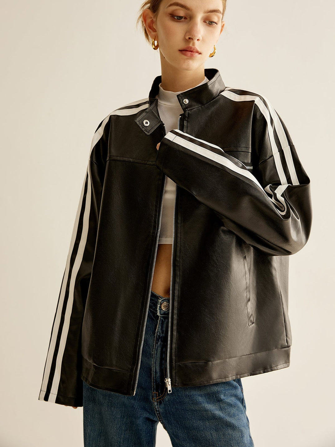 Drune | Schwarze Lederjacke mit Kontraststreifen