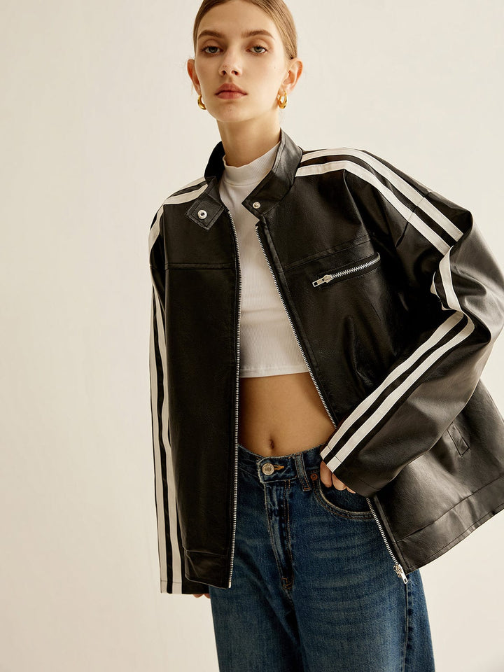 Drune | Schwarze Lederjacke mit Kontraststreifen