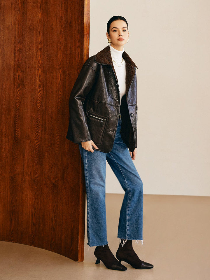 Drune | Schwarze Lederjacke mit Teddy Futter