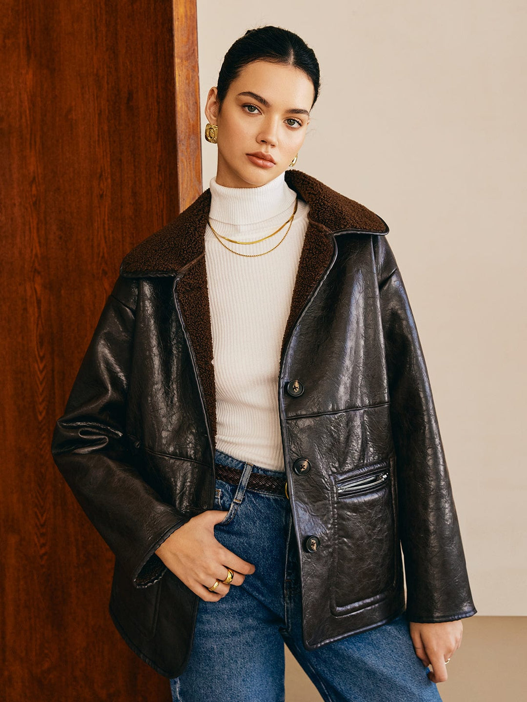 Drune | Schwarze Lederjacke mit Teddy Futter