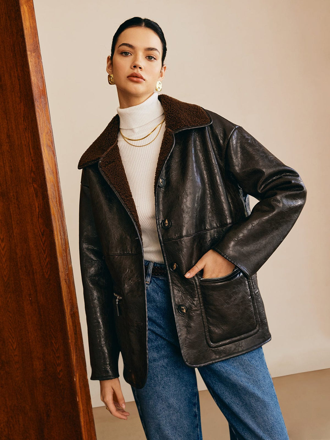 Drune | Schwarze Lederjacke mit Teddy Futter