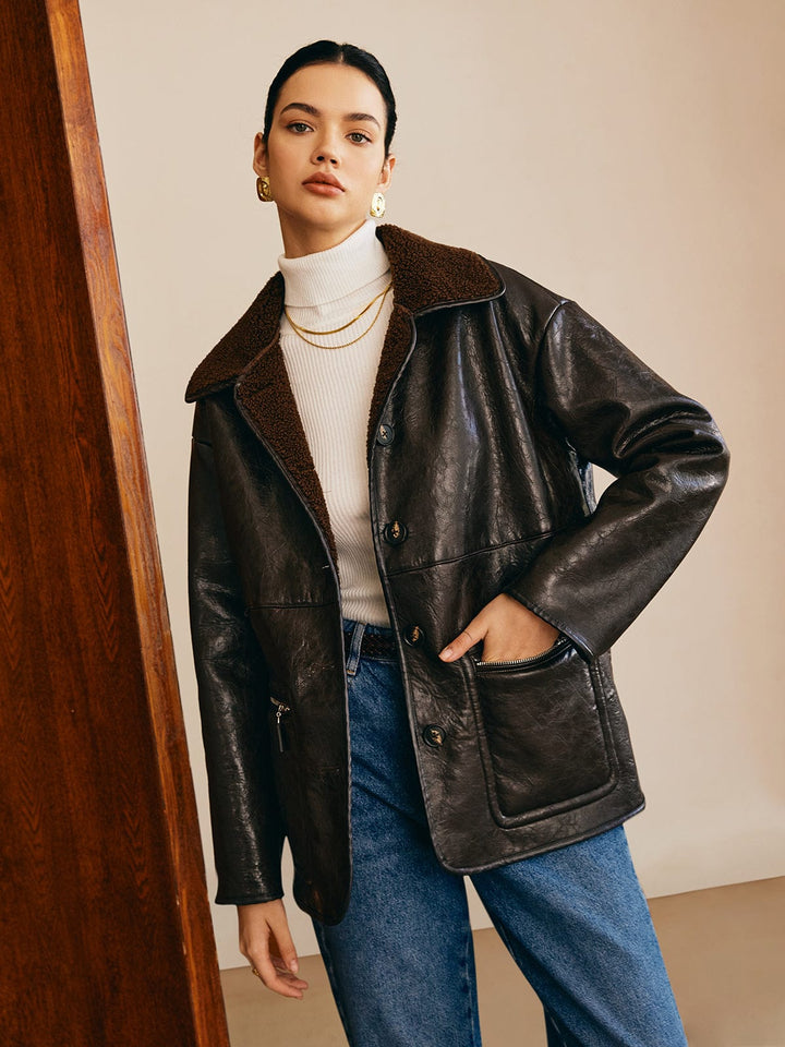 Drune | Schwarze Lederjacke mit Teddy Futter