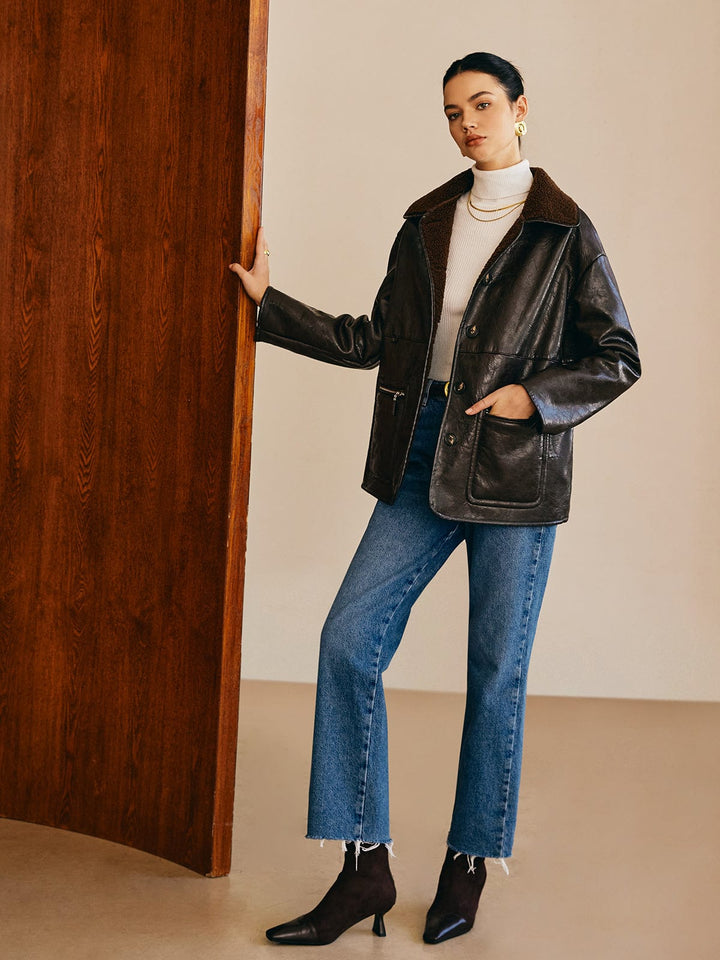 Drune | Schwarze Lederjacke mit Teddy Futter