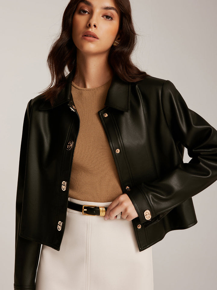 Drune | Knopf PU Leder Kurze Jacke