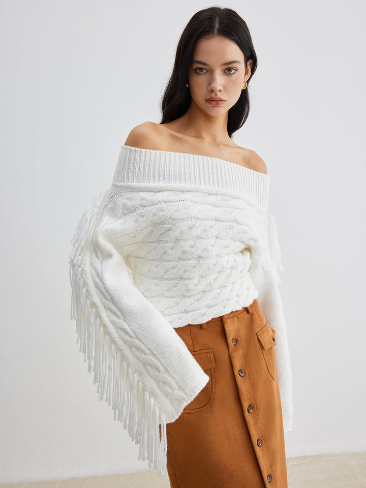 Drune | Off-shoulder Kabelstrick Pullover Unik und Trendy mit Fransen