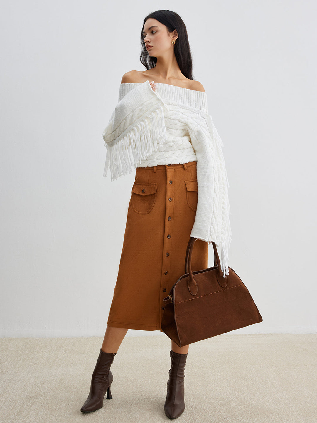 Drune | Off-shoulder Kabelstrick Pullover Unik und Trendy mit Fransen