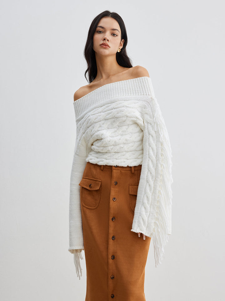 Drune | Off-shoulder Kabelstrick Pullover Unik und Trendy mit Fransen