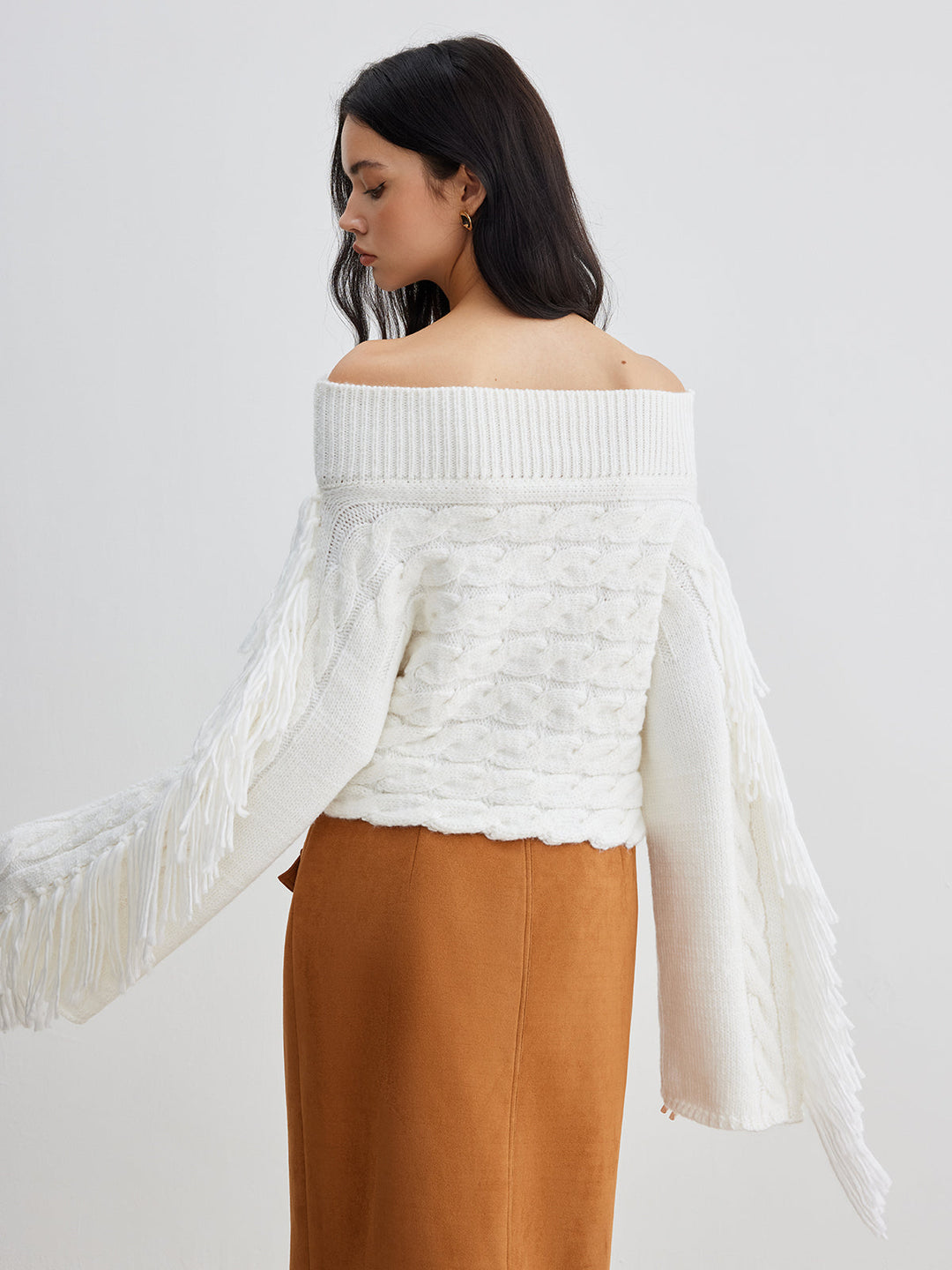 Drune | Off-shoulder Kabelstrick Pullover Unik und Trendy mit Fransen