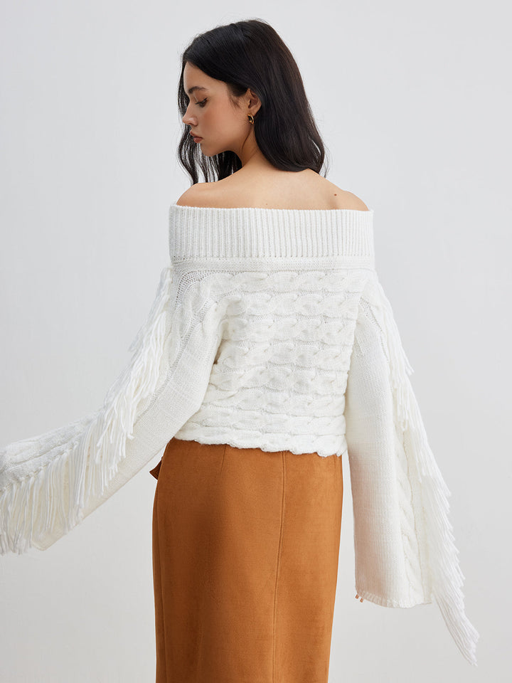 Drune | Off-shoulder Kabelstrick Pullover Unik und Trendy mit Fransen