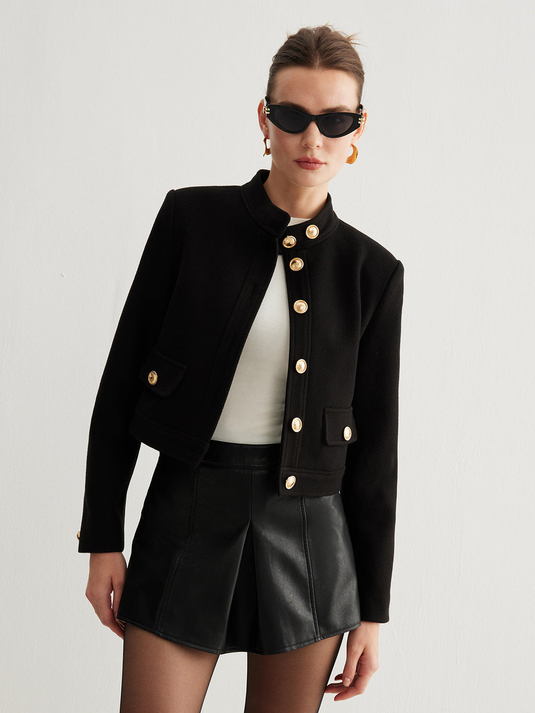 Drune | Kragenknopf Tweed Kurze Jacke