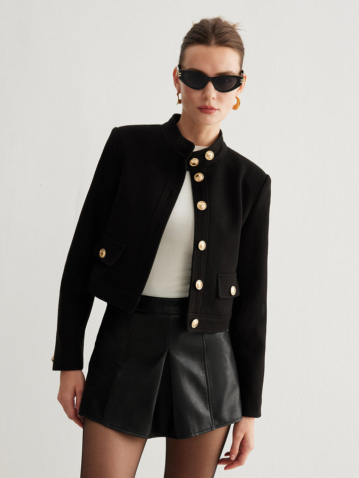 Drune | Kragenknopf Tweed Kurze Jacke