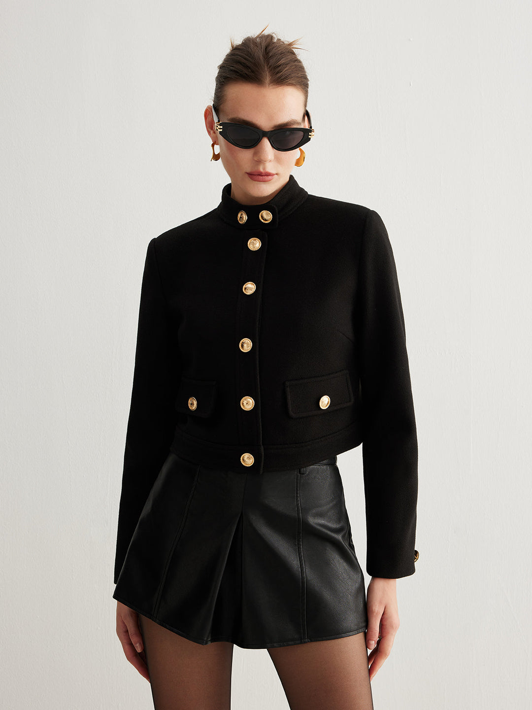 Drune | Kragenknopf Tweed Kurze Jacke