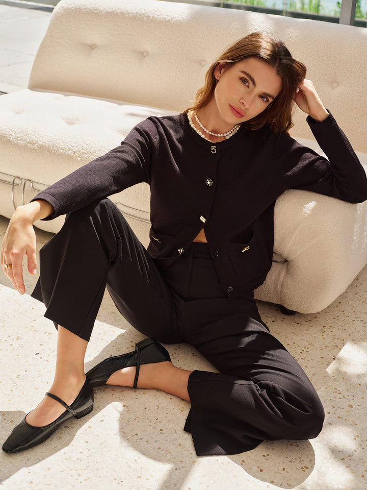Drune | Cardigan mit Dekorativen Knöpfen und Taschen Rundhals Elegant und Klassisch
