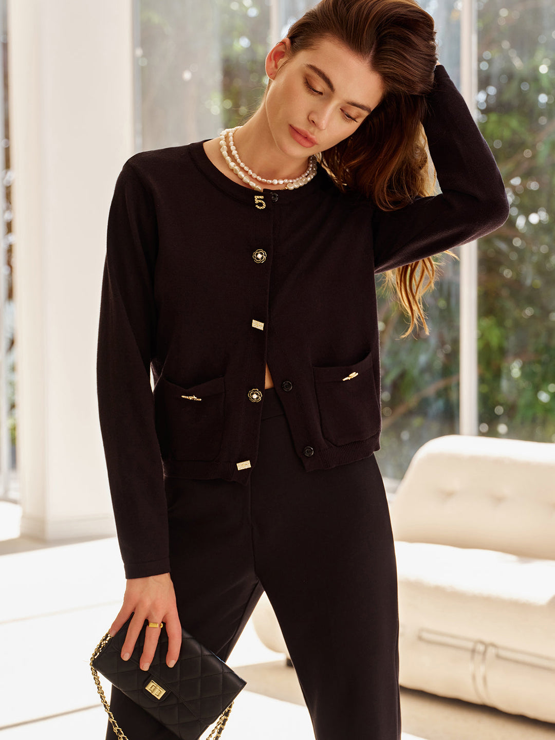Drune | Cardigan mit Dekorativen Knöpfen und Taschen Rundhals Elegant und Klassisch