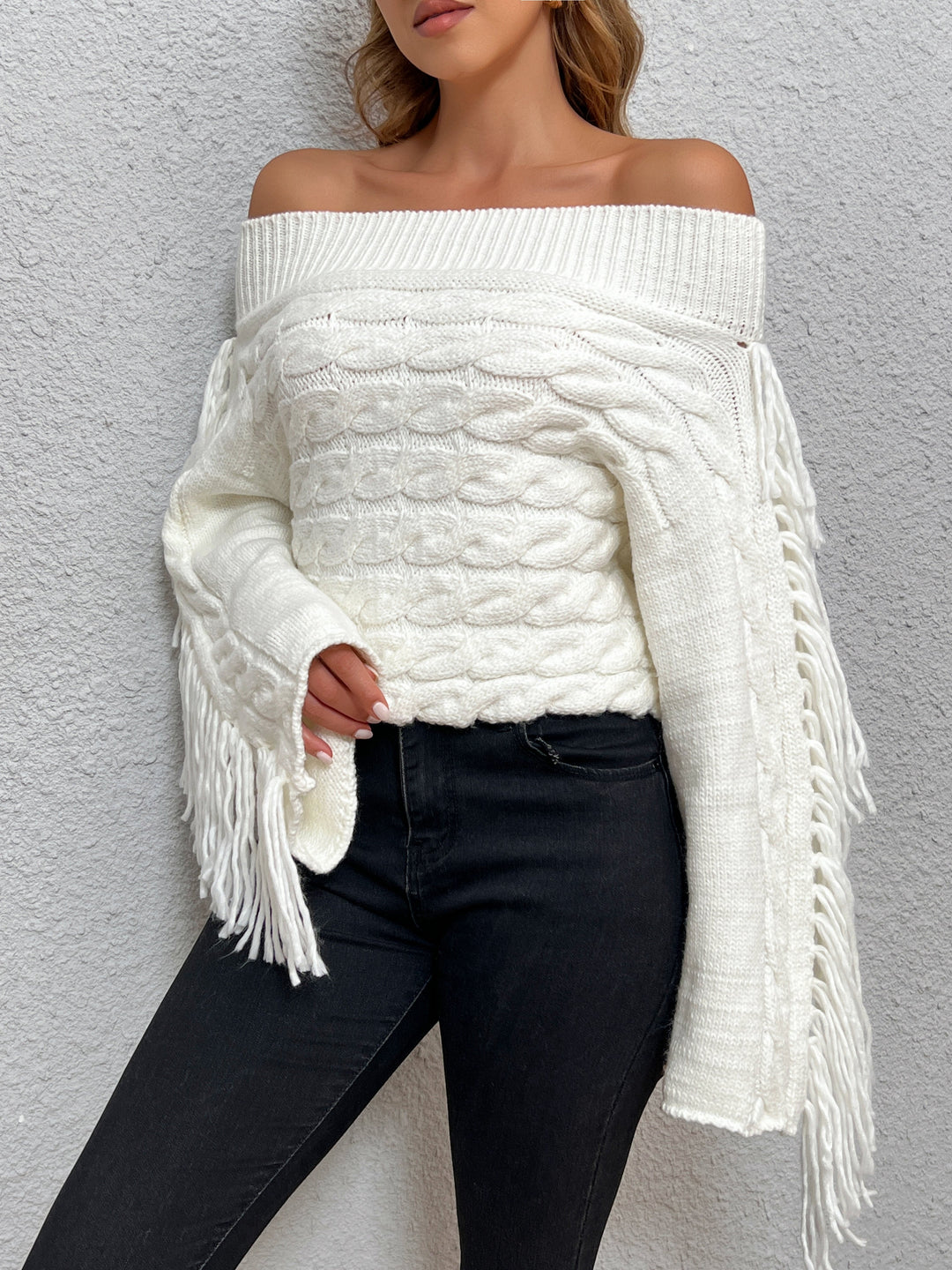 Drune | Off-shoulder Kabelstrick Pullover Unik und Trendy mit Fransen