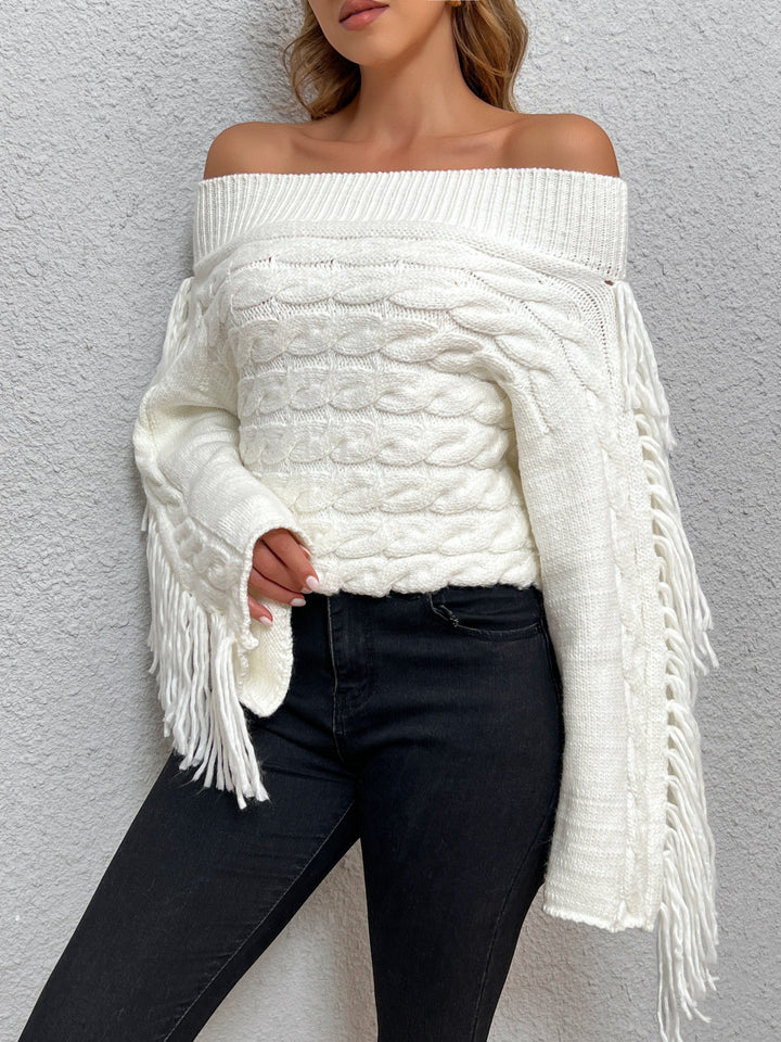 Drune | Off-shoulder Kabelstrick Pullover Unik und Trendy mit Fransen