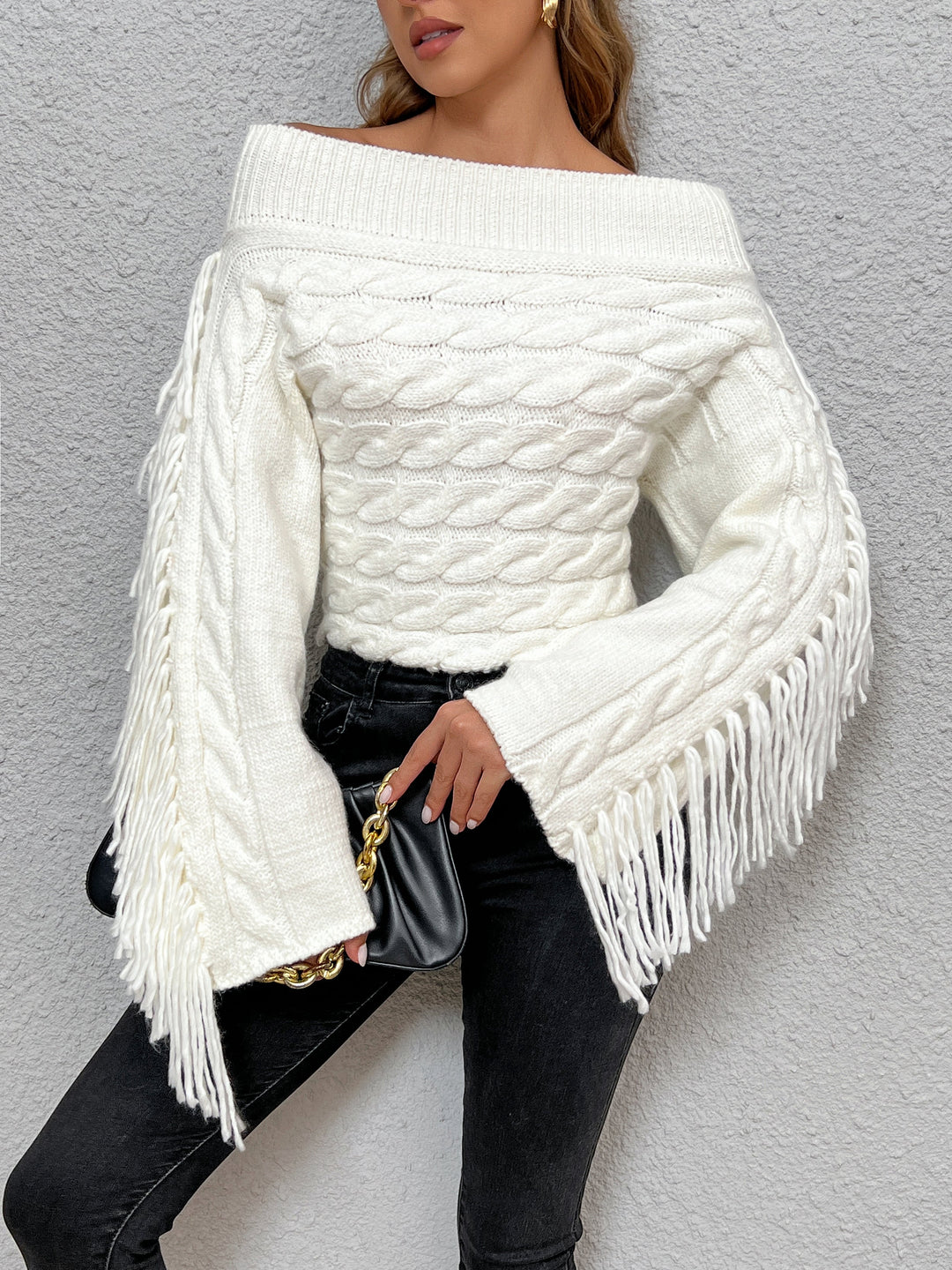 Drune | Off-shoulder Kabelstrick Pullover Unik und Trendy mit Fransen