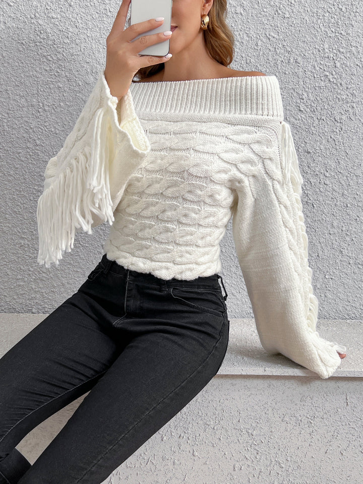 Drune | Off-shoulder Kabelstrick Pullover Unik und Trendy mit Fransen