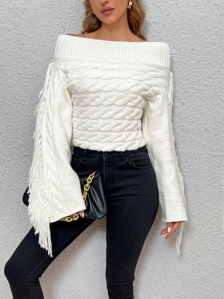 Drune | Off-shoulder Kabelstrick Pullover Unik und Trendy mit Fransen