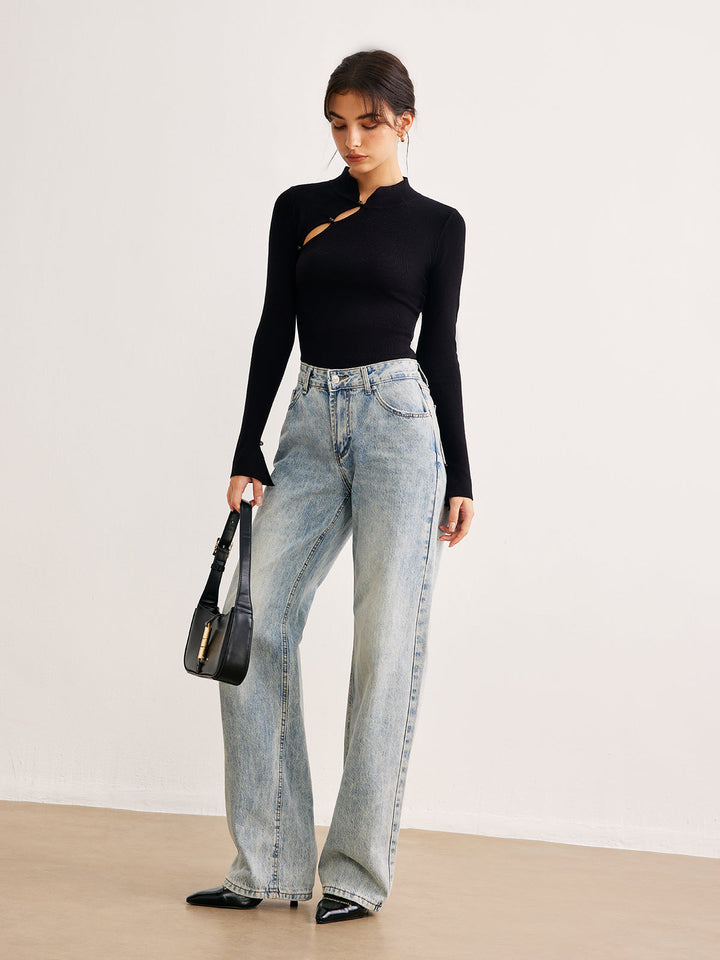 Drune | Langarmige Bluse mit Einzigartigem Ausschnitt Baumwollmischung Modern und Elegant