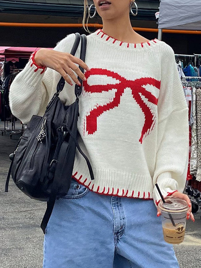 Drune | Strickpullover mit Schleifenmotiv Lässige Passform Süß und Bequem