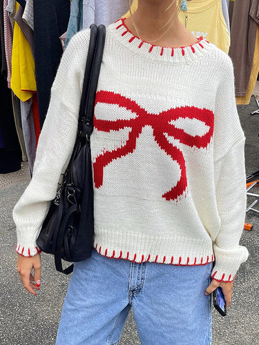Drune | Strickpullover mit Schleifenmotiv Lässige Passform Süß und Bequem