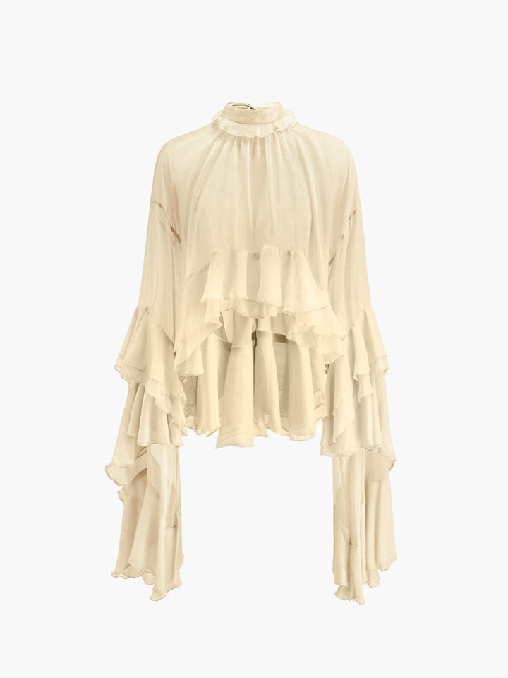 Drune | Durchsichtige Turtleneck Rüsch Chiffon Bluse